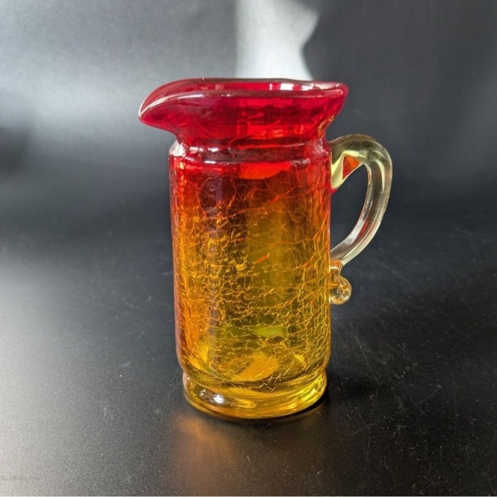 Amberina Crackle Glass Mini Pitcher 4" Tall Rainbow Art Glass